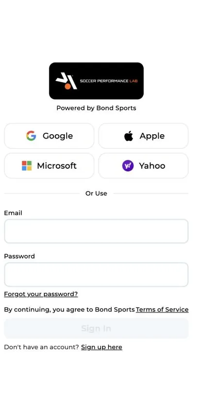 The Soccer Performance Lab sign in page on Bond Sports